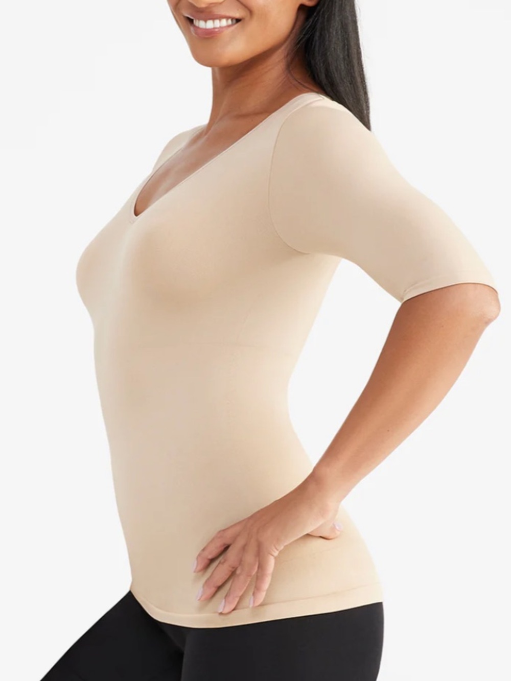 NIP Yummie Willow tan v-neck shaping t-shirt M/L - Picture 2 of 11